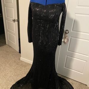 Off Shoulder Black Sequin Formal Dress with Train